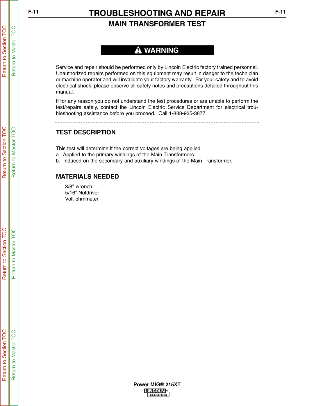 Lincoln Electric 11521 service manual Main Transformer Test, Test Description 