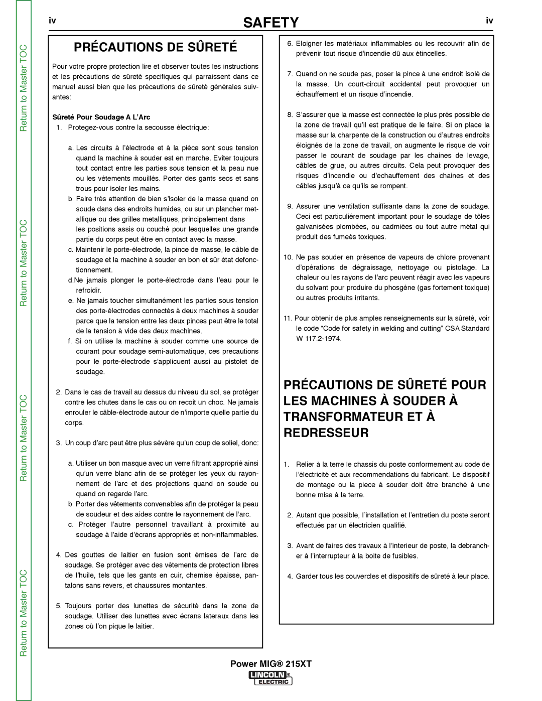 Lincoln Electric 11521 service manual Précautions DE Sûreté, Sûreté Pour Soudage a L’Arc 