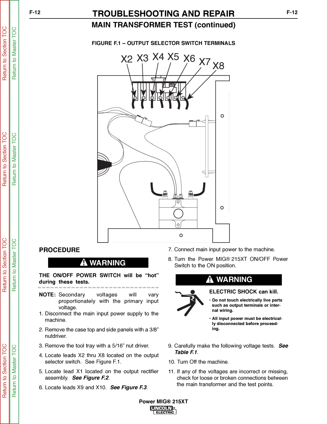 Lincoln Electric 11521 service manual X4 X5, ON/OFF Power Switch will be hot during these tests 