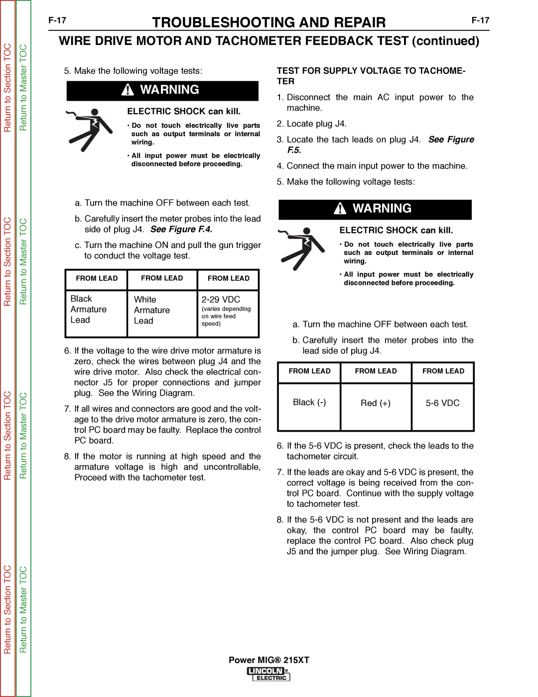 Lincoln Electric 11521 service manual Wire Drive Motor and Tachometer Feedback Test 