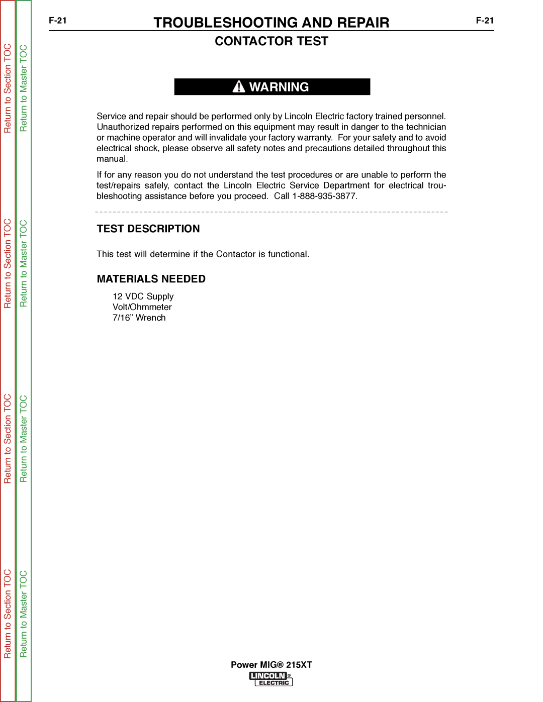 Lincoln Electric 11521 service manual Contactor Test 