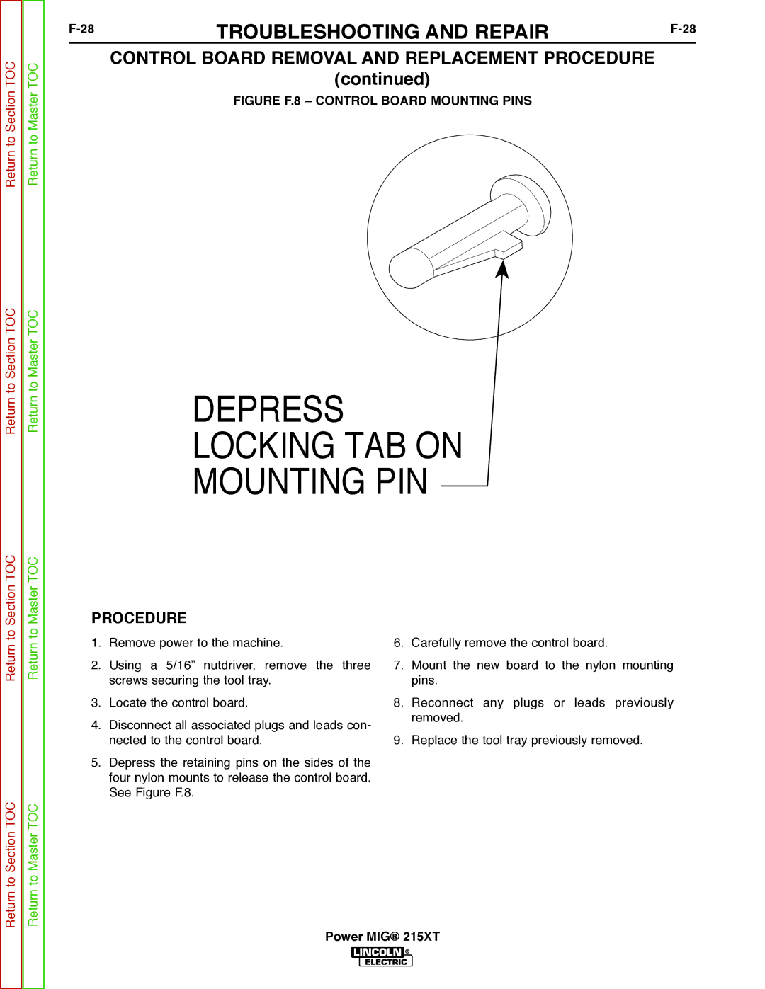 Lincoln Electric 11521 service manual Depress Locking TAB on Mounting PIN 