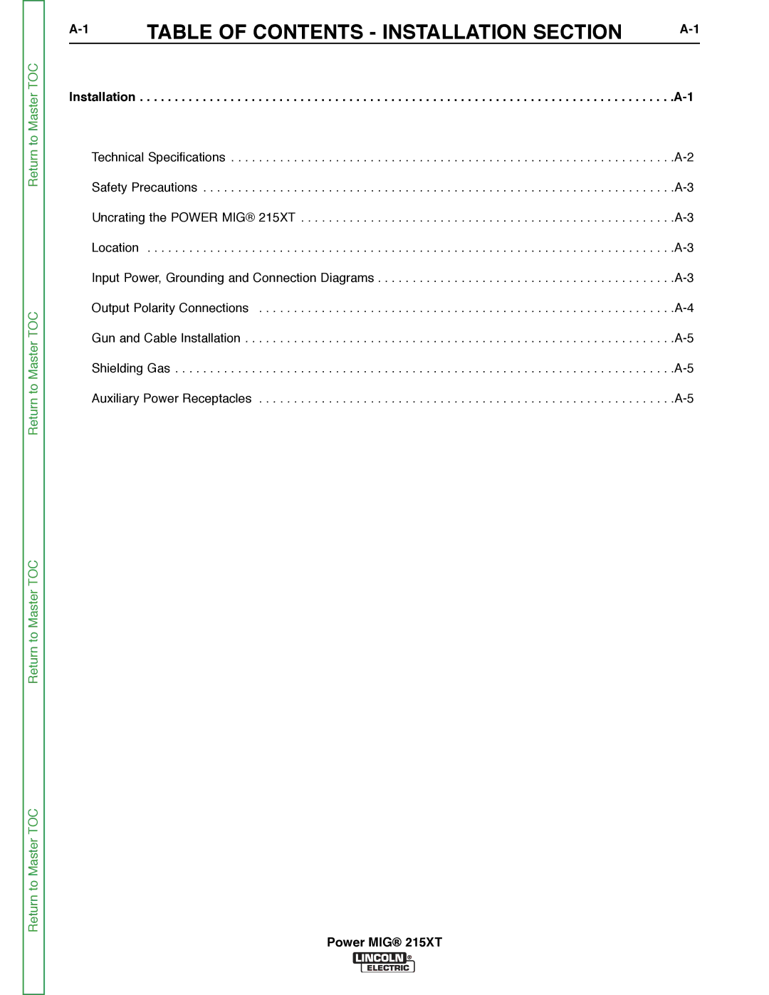 Lincoln Electric 11521 service manual Table of Contents Installation Section 