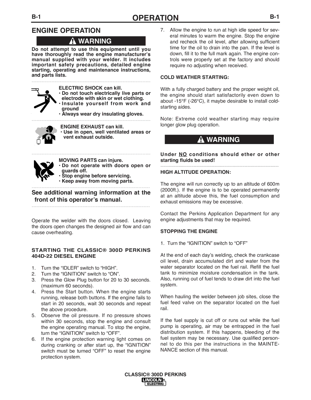 Lincoln Electric 11572 manual Operation, Starting ThE Classic 300D Perkins 404D-22 Diesel Engine, Cold WEAThER Starting 