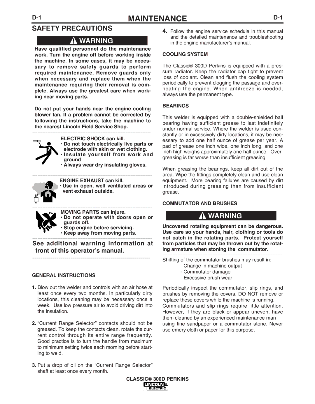 Lincoln Electric 11572 manual Maintenance, Safety PRECAuTIONS, General INSTRuCTIONS, Bearings 