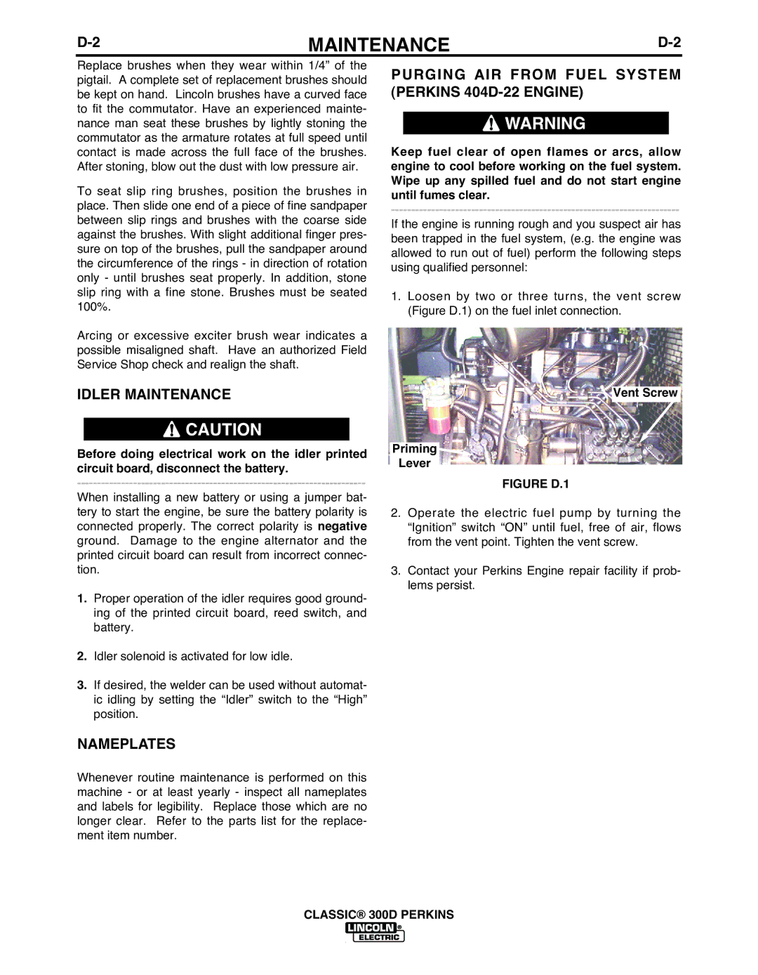 Lincoln Electric 11572 manual PuRGING AIR from FuEL System Perkins 404D-22 Engine, Vent Screw Priming Lever 