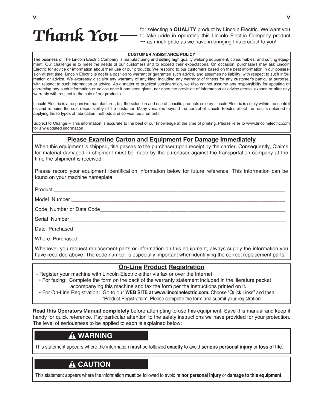 Lincoln Electric 11572 manual Please Examine Carton and Equipment For Damage Immediately, On-Line Product Registration 