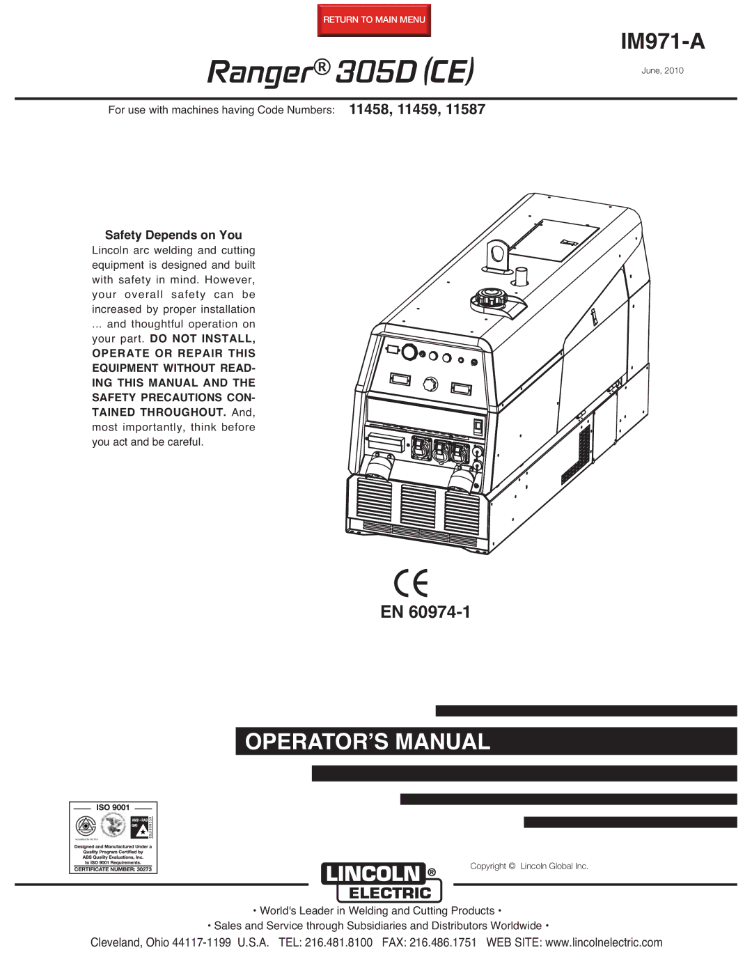 Lincoln Electric 11459, 11587, 11458 manual Ranger 305D CE, Safety Depends on You 