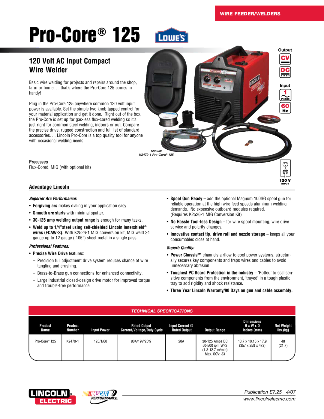 Lincoln Electric 125 warranty Processes, Output Input, Amp welding output range is enough for many tasks 