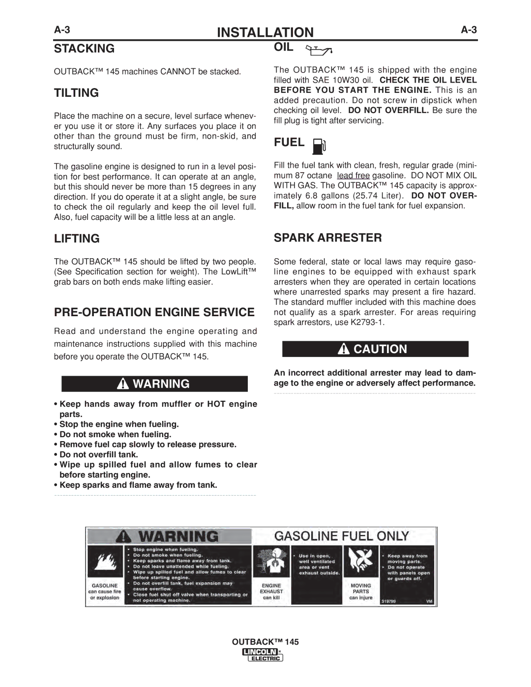 Lincoln Electric 145 manual Stacking, Tilting, Oil, Fuel, Lifting, PRE-OPERATION Engine Service, Spark Arrester 