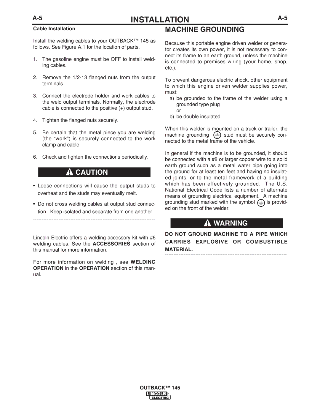 Lincoln Electric 145 manual Machine Grounding, Cable Installation 