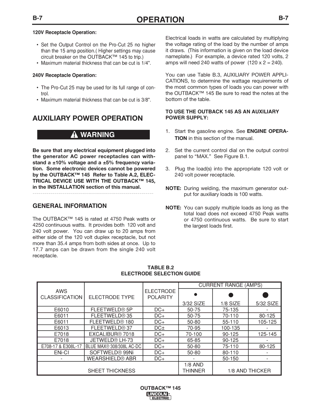 Lincoln Electric Auxiliary Power Operation, General Information, To USE the Outback 145 AS AN Auxiliary Power Supply 