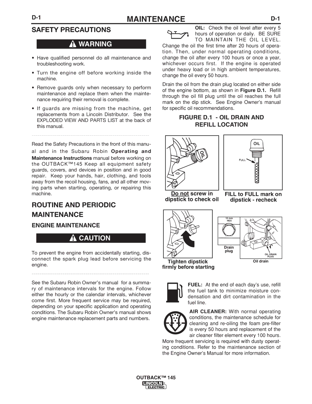 Lincoln Electric 145 manual Routine and Periodic, Engine Maintenance, Tighten dipstick firmly before starting 