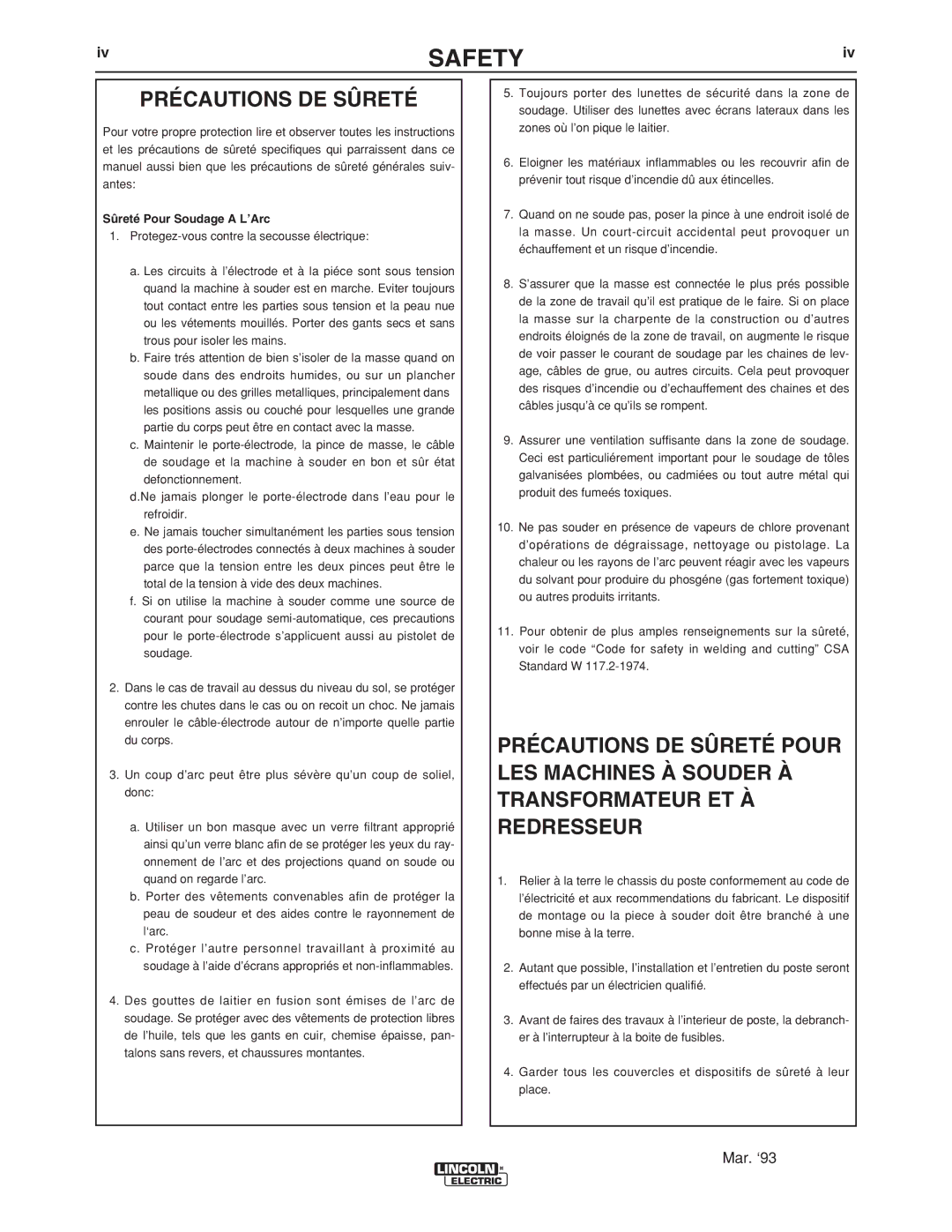 Lincoln Electric 145 manual Précautions DE Sûreté, Sûreté Pour Soudage a L’Arc 