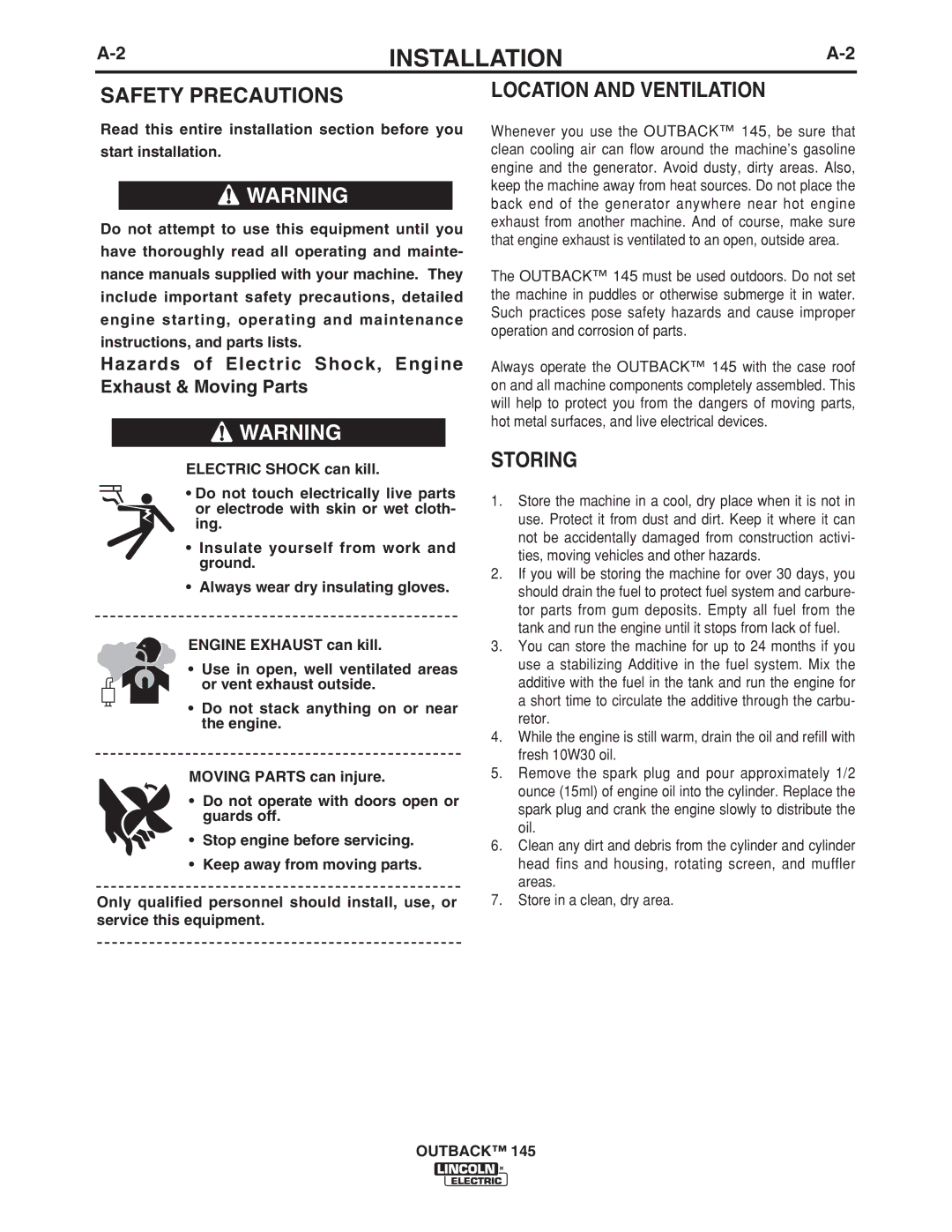 Lincoln Electric 145 manual Installation, Safety Precautions, Location and Ventilation, Storing 