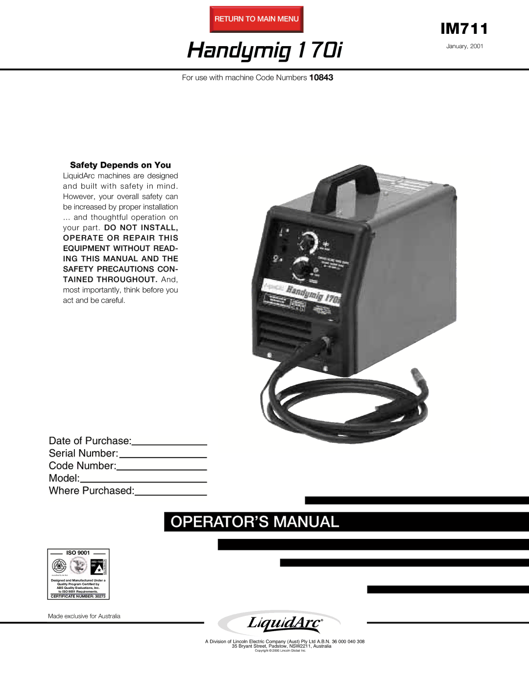 Lincoln Electric 170I manual Handymig 