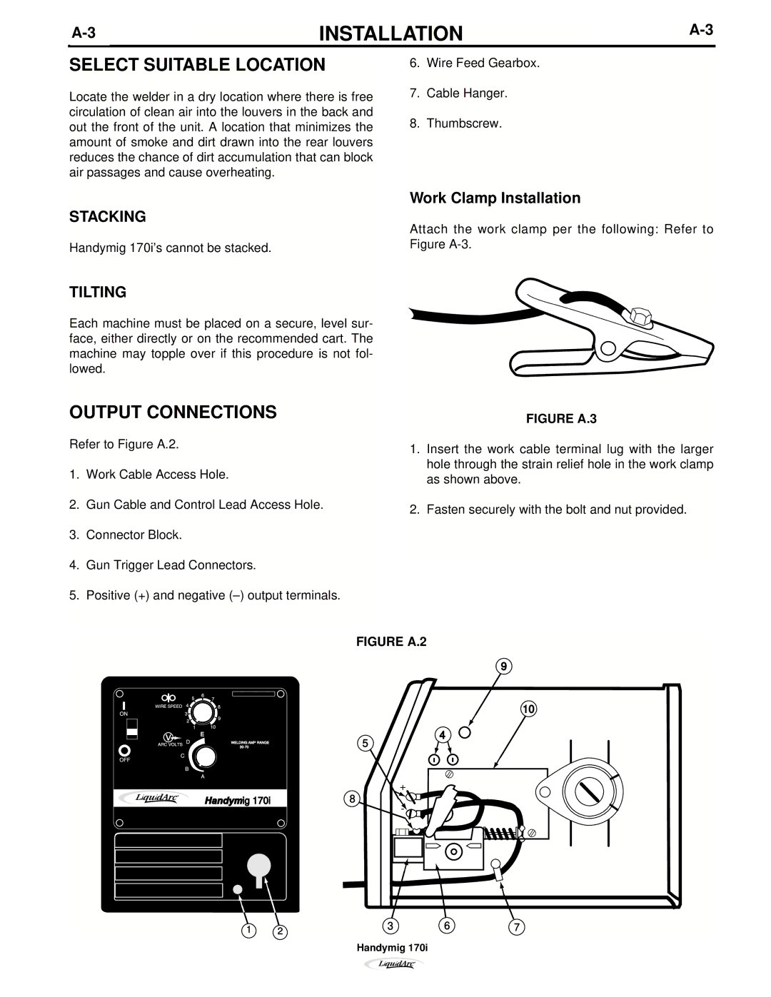 Lincoln Electric 170I manual Select Suitable Location, Output Connections, Stacking, Tilting, Work Clamp Installation 