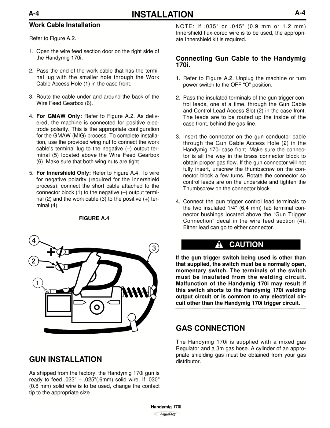 Lincoln Electric 170I GUN Installation, GAS Connection, Work Cable Installation, Connecting Gun Cable to the Handymig 