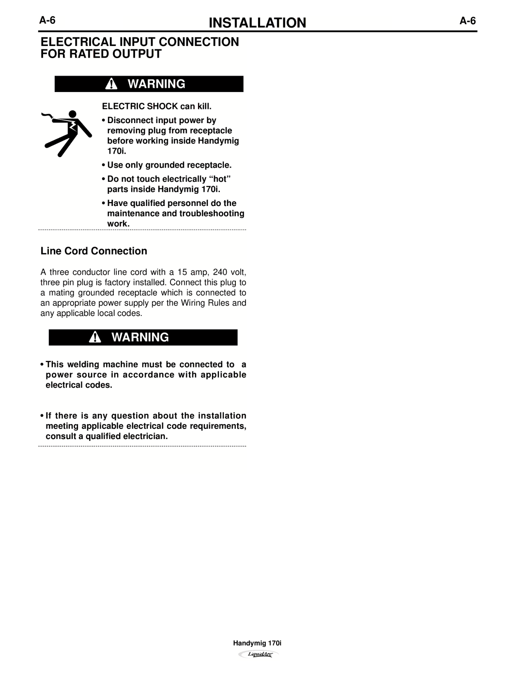 Lincoln Electric 170I manual Electrical Input Connection For Rated Output, Line Cord Connection 