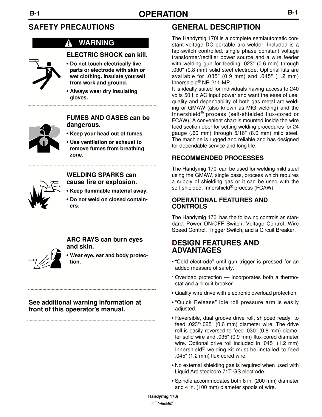 Lincoln Electric 170I manual Operation, General Description, Design Features Advantages, Recommended Processes 