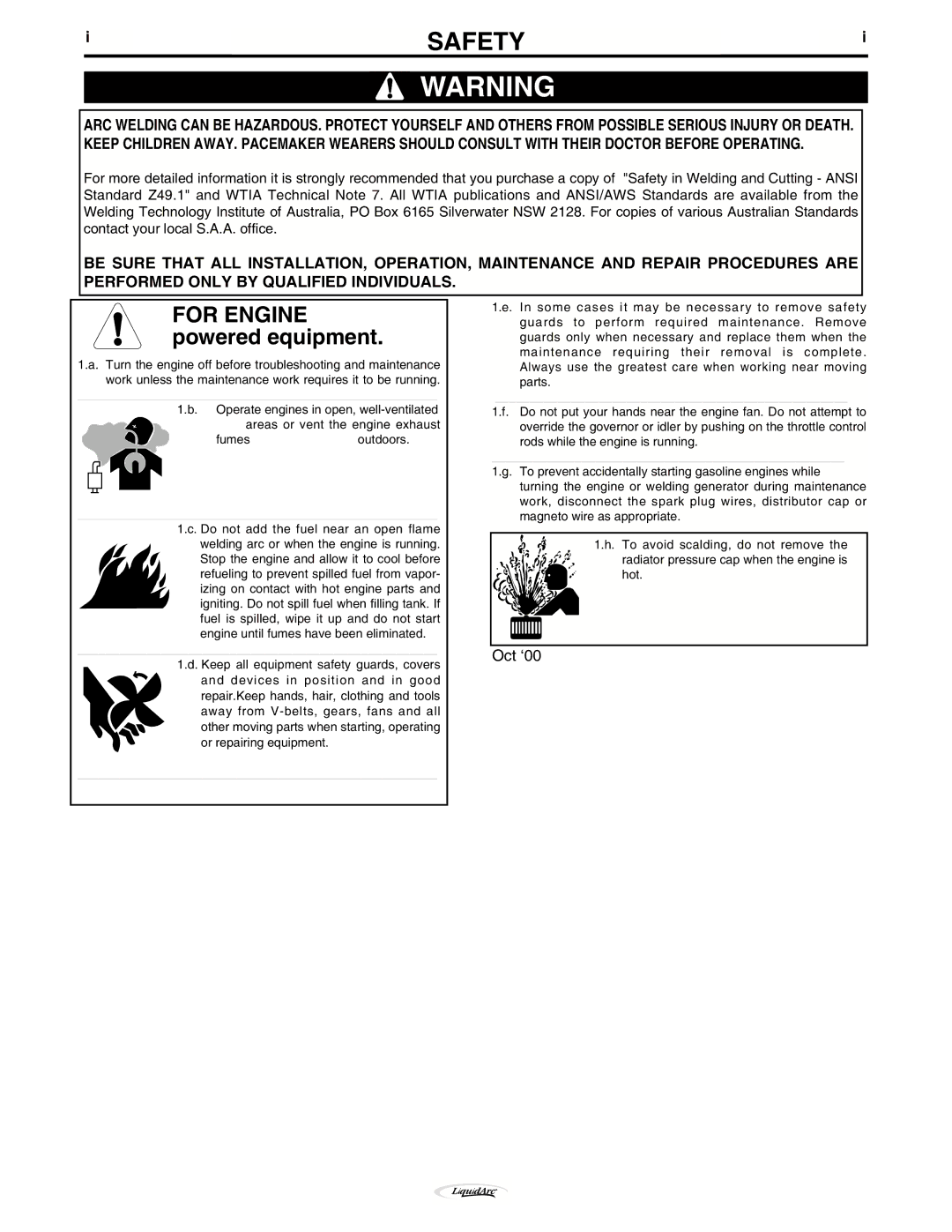 Lincoln Electric 170I manual Safety, For Engine powered equipment 