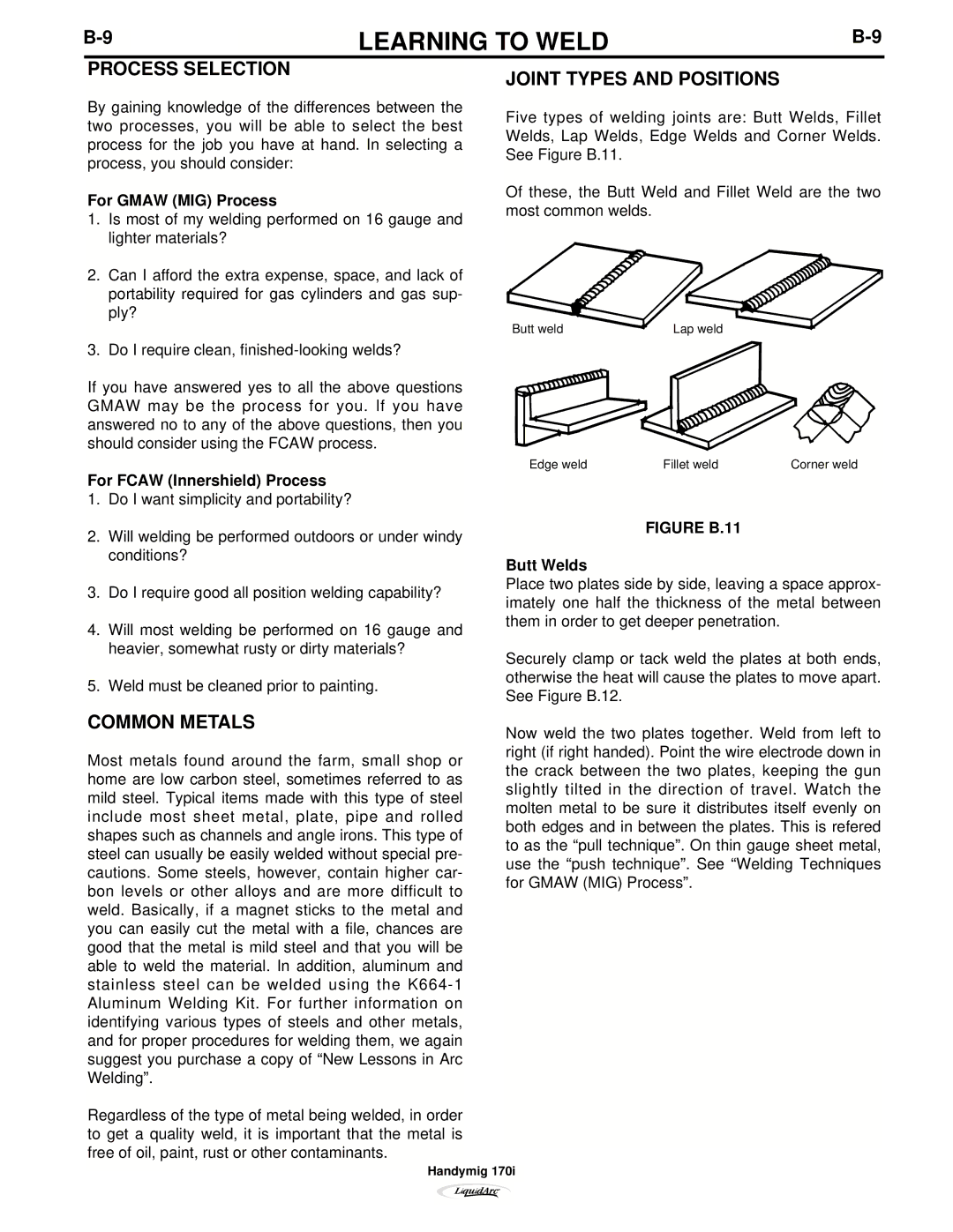 Lincoln Electric 170I manual Process Selection, Common Metals, Joint Types and Positions 