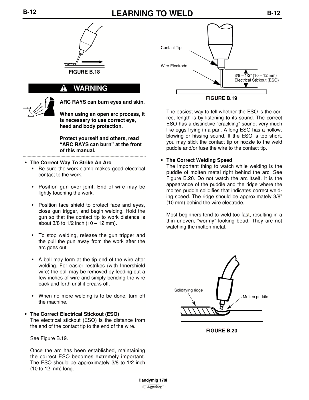 Lincoln Electric 170I manual Correct Electrical Stickout ESO, Correct Welding Speed 