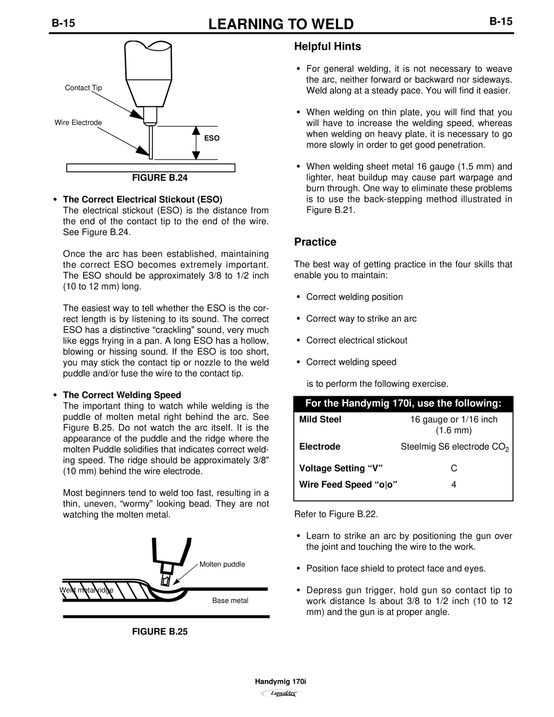 Lincoln Electric 170I manual For the Handymig 170i, use the following 