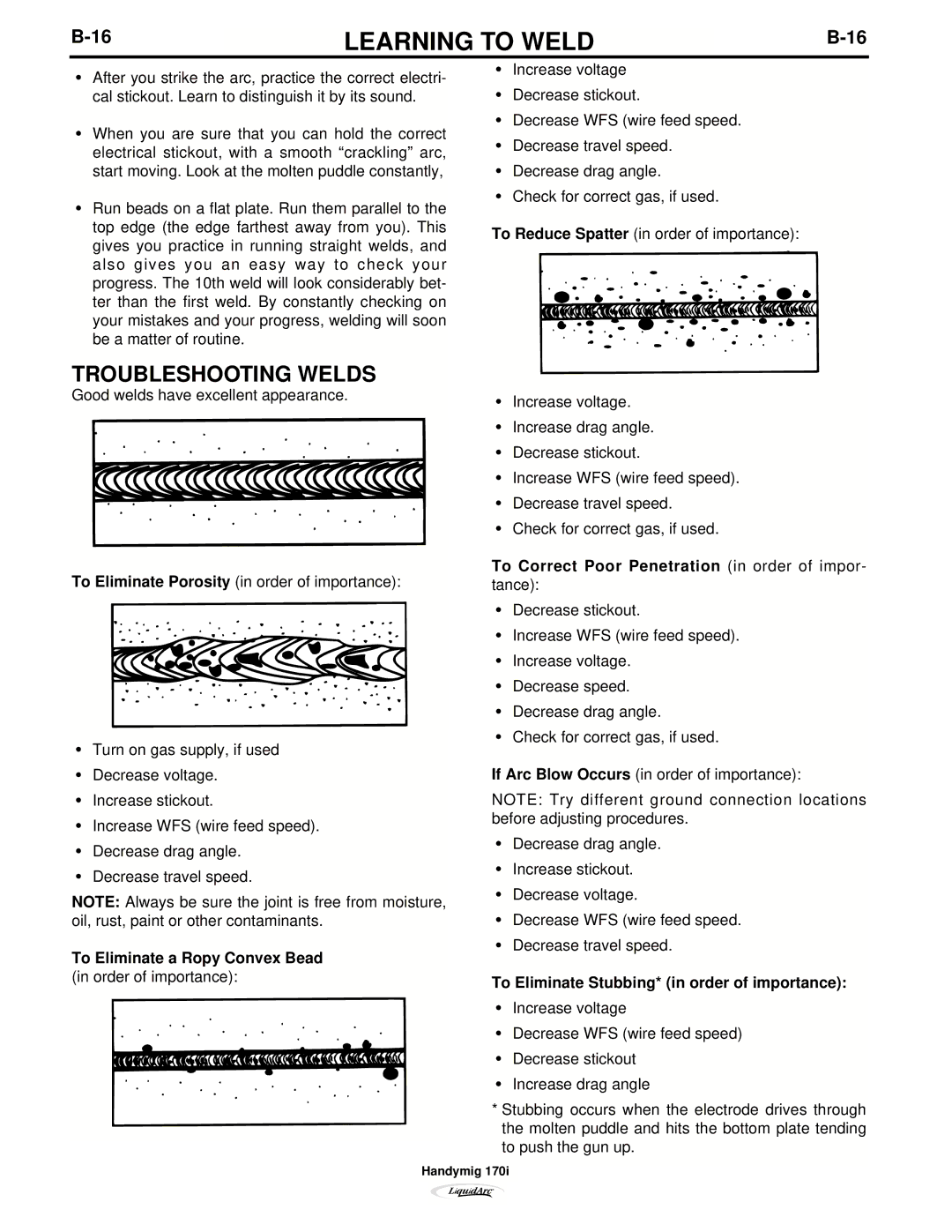 Lincoln Electric 170I manual Troubleshooting Welds, To Eliminate a Ropy Convex Bead 