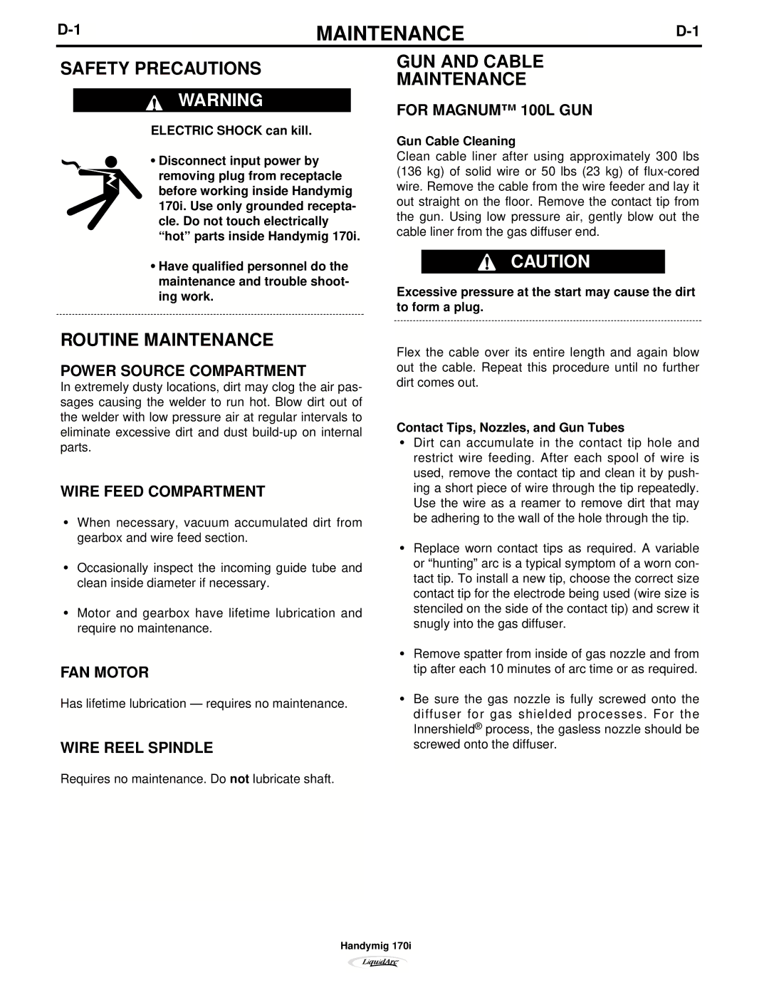 Lincoln Electric 170I manual Routine Maintenance, GUN and Cable Maintenance 