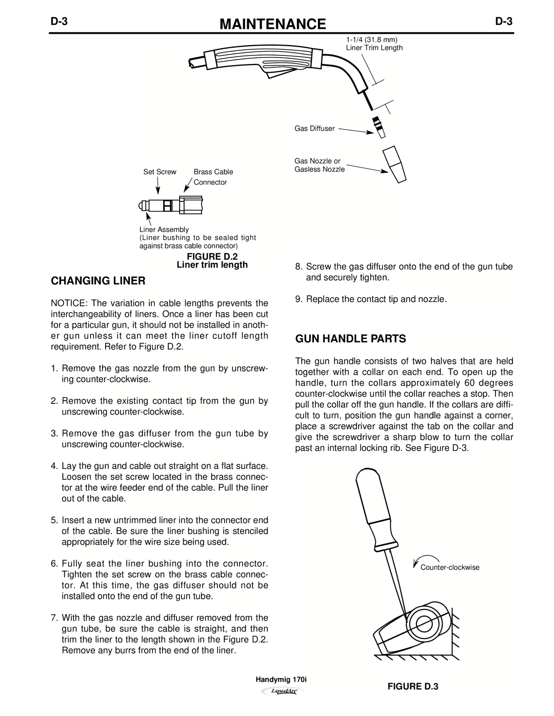 Lincoln Electric 170I manual Changing Liner, GUN Handle Parts, Liner trim length 