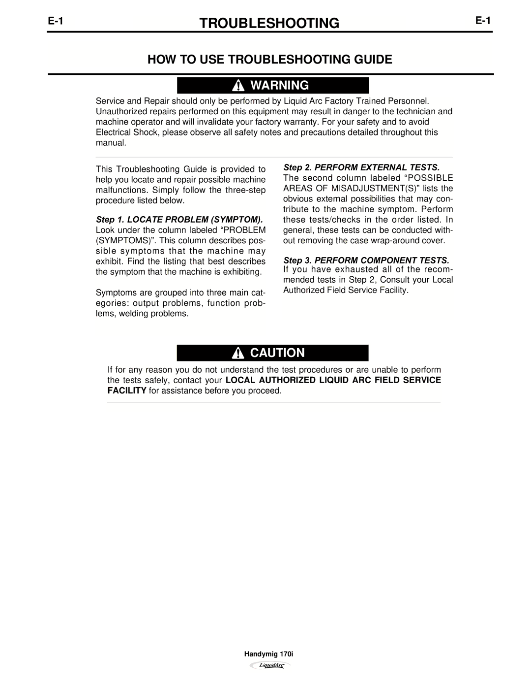 Lincoln Electric 170I manual 1TROUBLESHOOTINGE-1, HOW to USE Troubleshooting Guide 