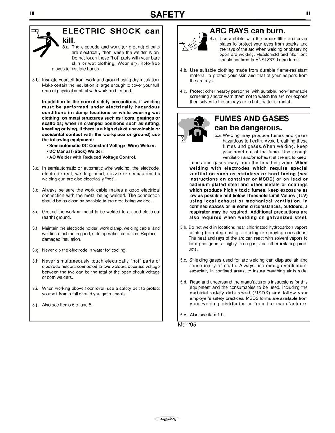 Lincoln Electric 170I manual Electric Shock can kill, ARC Rays can burn, Fumes and Gases can be dangerous, Iii 