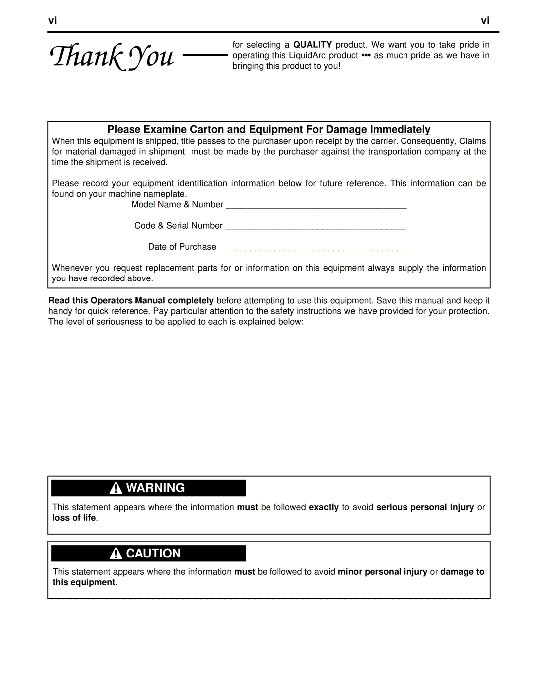 Lincoln Electric 170I manual Please Examine Carton and Equipment For Damage Immediately 