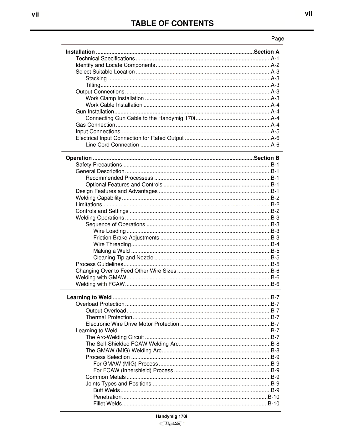 Lincoln Electric 170I manual Table of Contents 