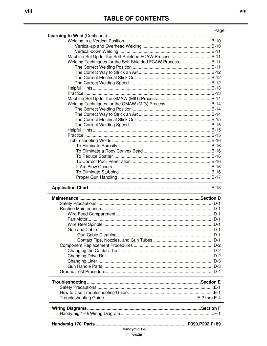 Lincoln Electric 170I manual Viii, Section D, Section E, Section F, P390,P202,P189 