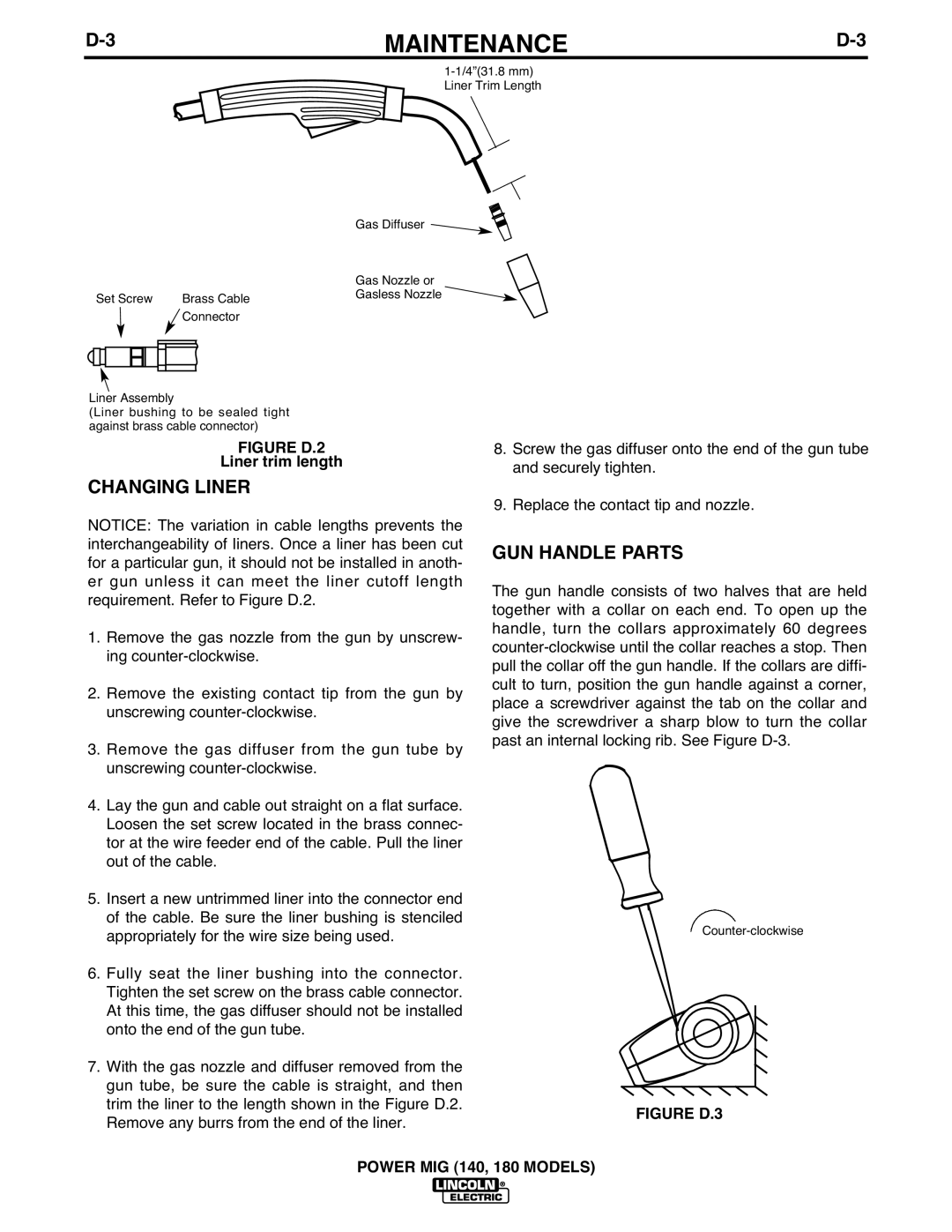 Lincoln Electric 140, 180 manual 3MAINTENANCED-3, Changing Liner, GUN Handle Parts, Liner trim length 