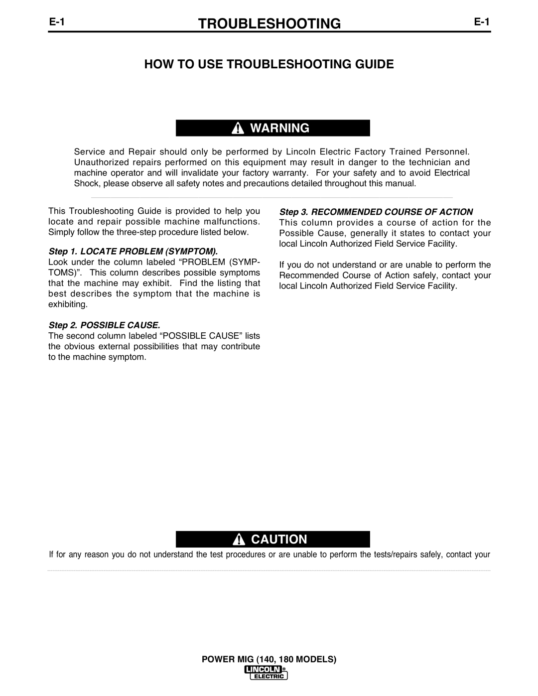 Lincoln Electric 180, 140 manual HOW to USE Troubleshooting Guide 