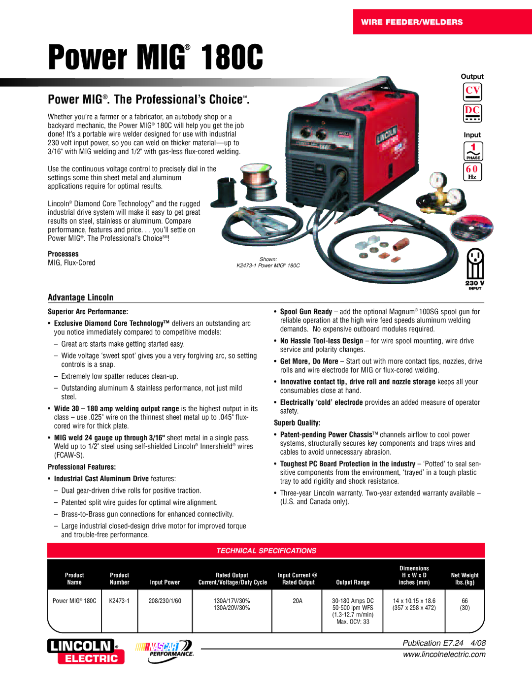 Lincoln Electric 180C dimensions Processes, Output Input, Superior Arc Performance 