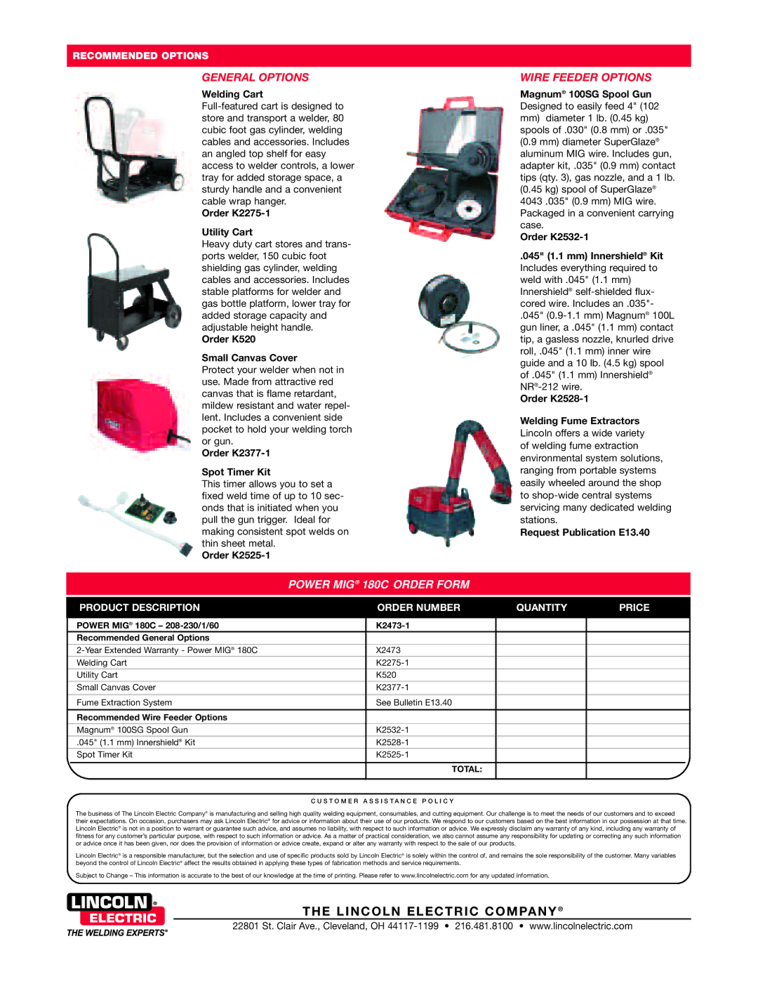 Lincoln Electric 180C dimensions General Options, Wire Feeder Options 