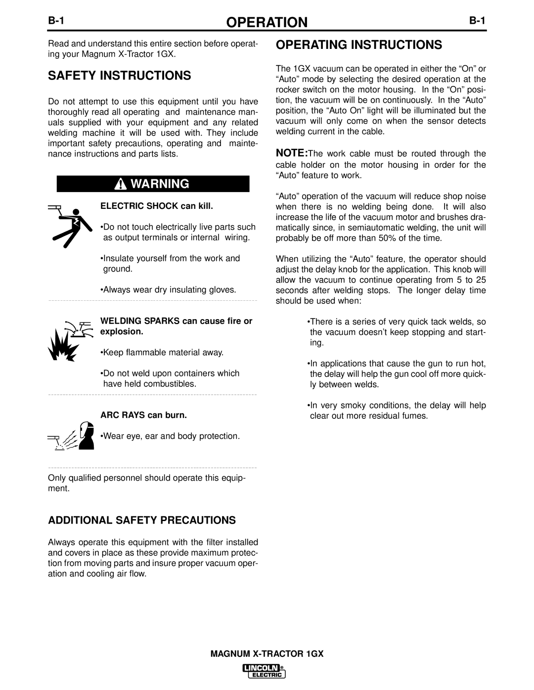 Lincoln Electric 1GX manual Operation, Safety Instructions, Operating Instructions 