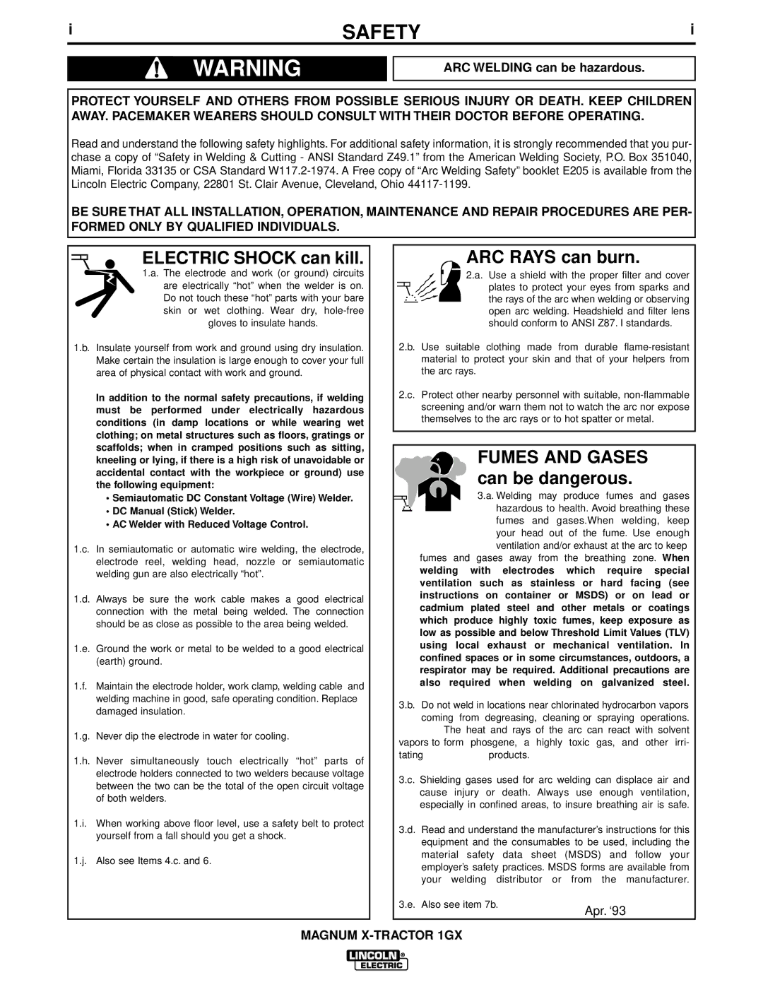 Lincoln Electric 1GX manual Safety, Electric Shock can kill, ARC Rays can burn, Fumes and Gases can be dangerous 