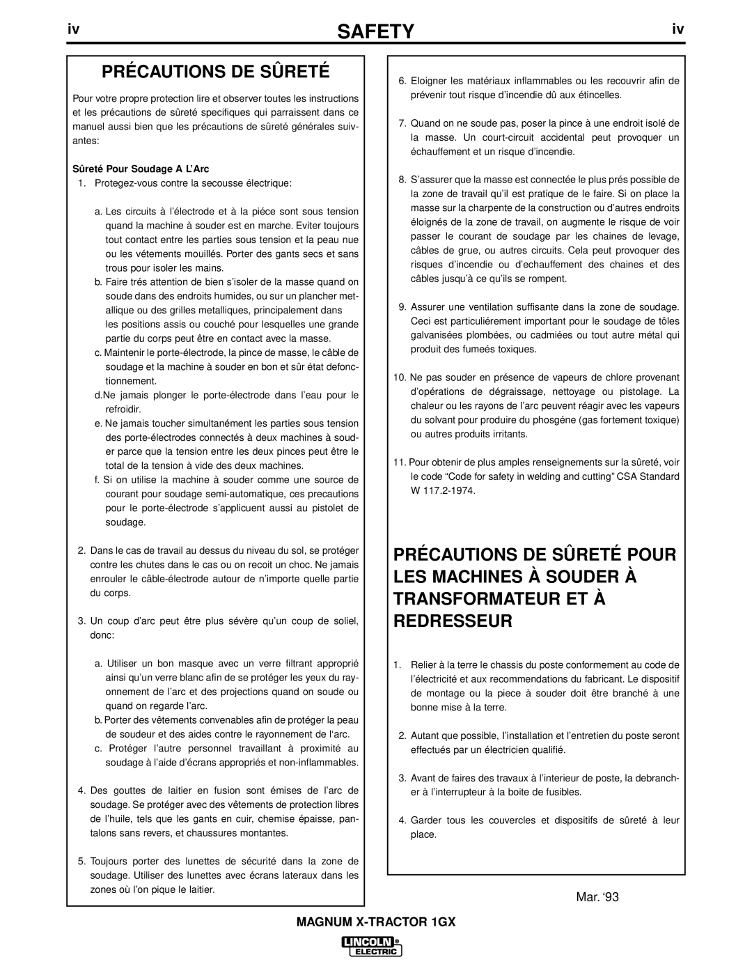 Lincoln Electric 1GX manual Précautions DE Sûreté, Sûreté Pour Soudage a L’Arc 