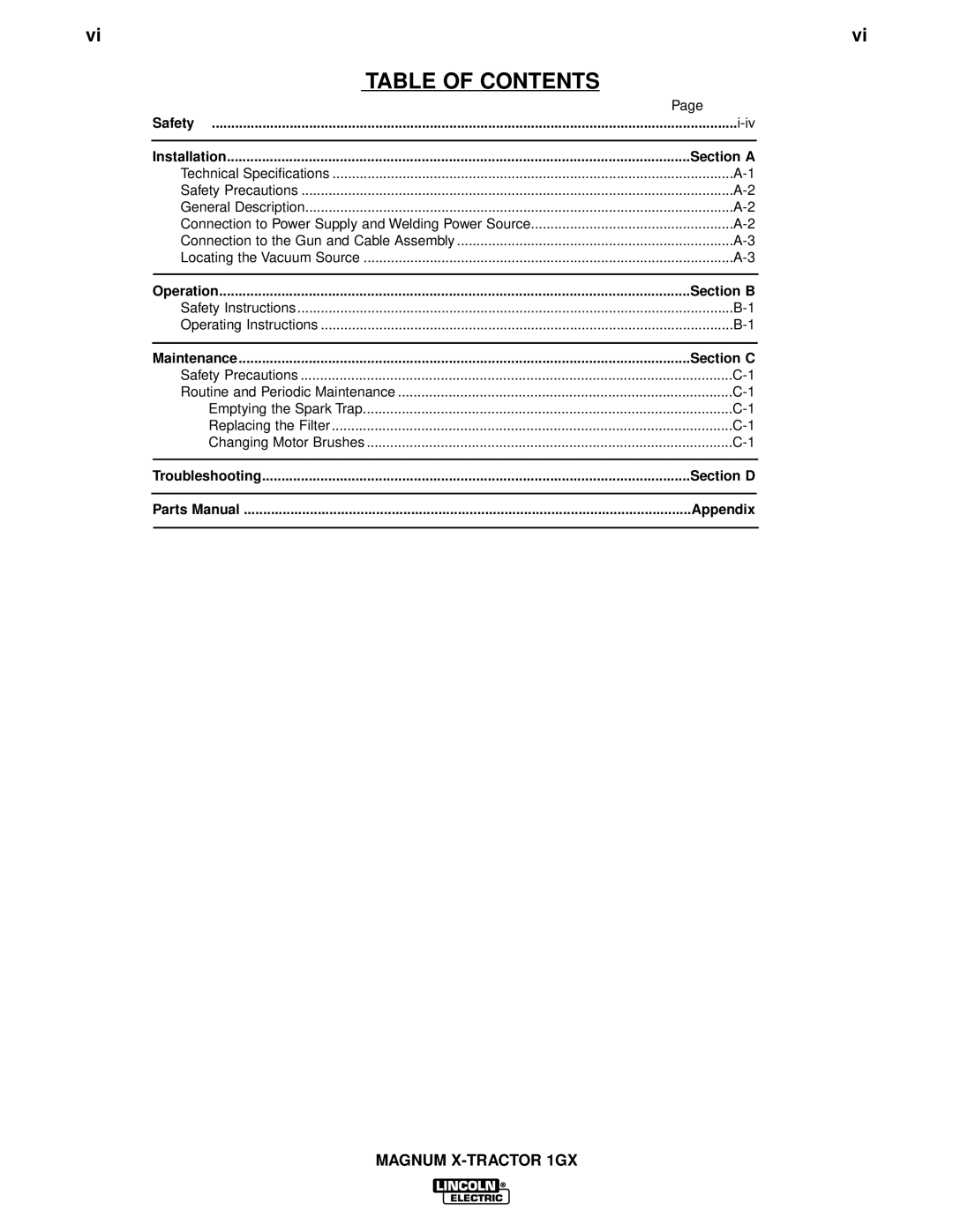 Lincoln Electric 1GX manual Table of Contents 