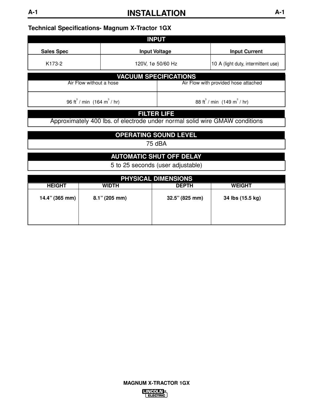 Lincoln Electric 1GX manual Installation, Vacuum Specifications 