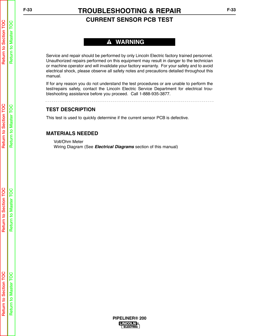 Lincoln Electric 200 service manual 33TROUBLESHOOTING & REPAIRF-33, Current Sensor PCB Test 