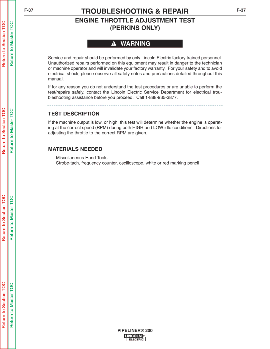 Lincoln Electric 200 service manual 37TROUBLESHOOTING & REPAIRF-37, Engine Throttle Adjustment Test Perkins only 