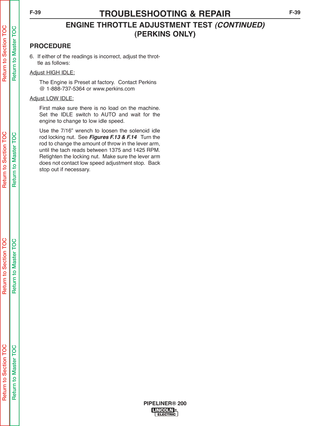 Lincoln Electric 200 service manual 39TROUBLESHOOTING & REPAIRF-39, Engine Throttle Adjustment Test 