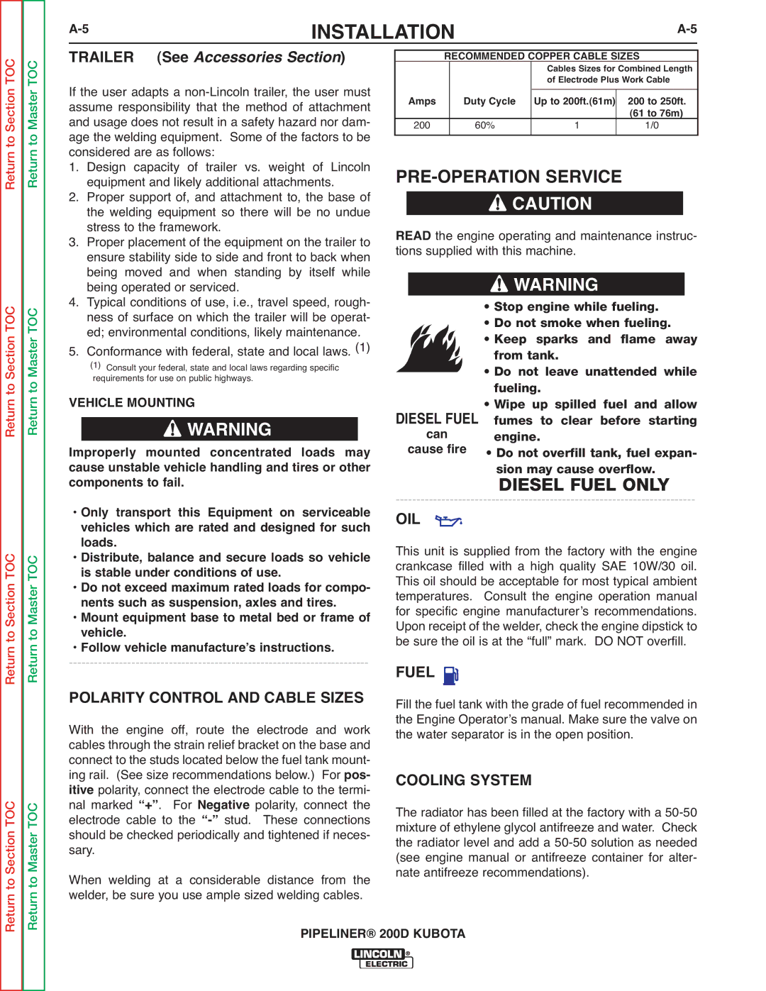 Lincoln Electric 200 PRE-OPERATION Service, Trailer, Oil, Fuel Polarity Control and Cable Sizes, Cooling System 