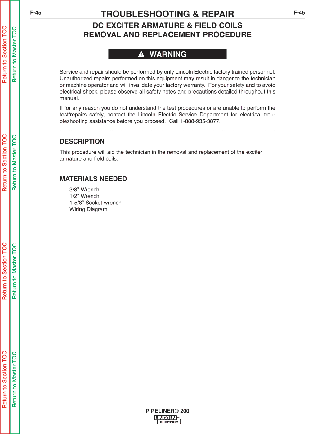 Lincoln Electric 200 service manual 45TROUBLESHOOTING & REPAIRF-45, Description 